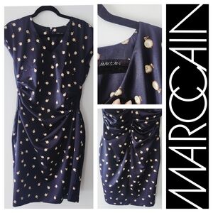 NWT MARC CAIN Navy Dress Size N5 Large/US 12 Pearl Polka Dot Print Draped Waist